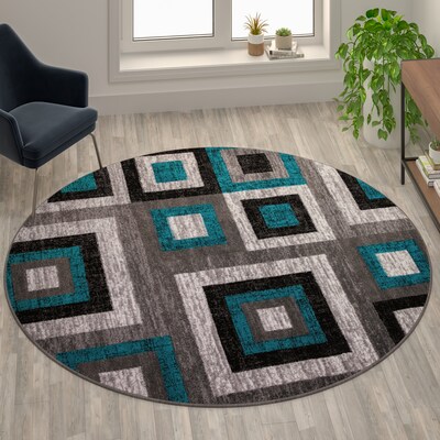 Flash Furniture Gideon Collection Olefin and Cotton 96" Round Machine Made Area Rug, Turquoise/Gray/White (OKH7146AT8RT)