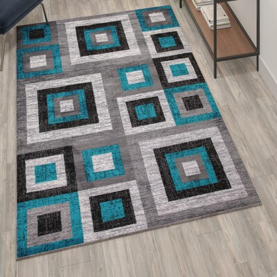 Flash Furniture Gideon Collection Olefin and Cotton 84" x 60" Rectangular Machine Made Rug, Turquoise/Gray/White (OKH7146AT57T)