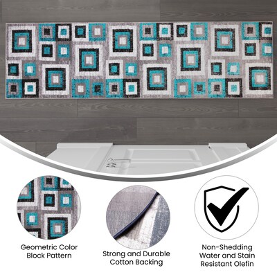 Flash Furniture Gideon Collection Olefin and Cotton 84" x 24" Runner Machine Made Rug, Turquoise/Gray/White (OKH7146AT27T)