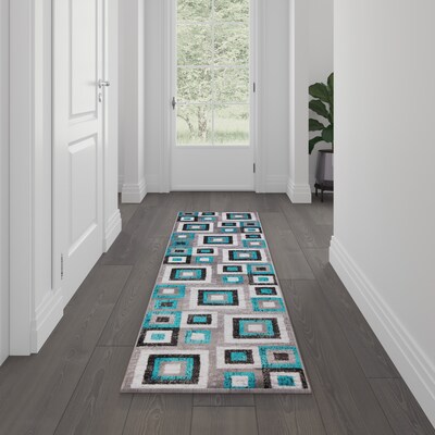 Flash Furniture Gideon Collection Olefin and Cotton 84" x 24" Runner Machine Made Rug, Turquoise/Gray/White (OKH7146AT27T)