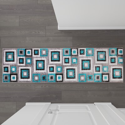 Flash Furniture Gideon Collection Olefin and Cotton 84" x 24" Runner Machine Made Rug, Turquoise/Gray/White (OKH7146AT27T)