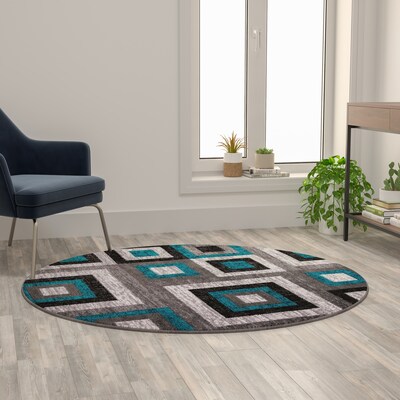 Flash Furniture Gideon Collection Olefin and Cotton 60" Round Machine Made Area Rug, Turquoise/Gray/White (OKH7146AT5RT)