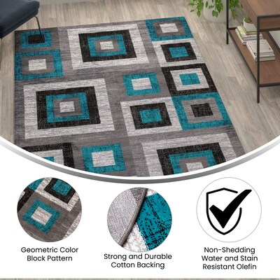 Flash Furniture Gideon Collection Olefin/Cotton 108" x 72" Rectangular Machine Made Rug, Turquoise/Gray/White (OKH7146AT69T)