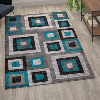 Flash Furniture Gideon Collection Olefin/Cotton 108" x 72" Rectangular Machine Made Rug, Turquoise/Gray/White (OKH7146AT69T)