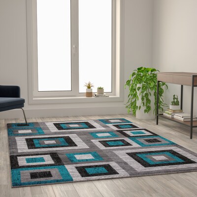 Flash Furniture Gideon Collection Olefin/Cotton 108" x 72" Rectangular Machine Made Rug, Turquoise/Gray/White (OKH7146AT69T)