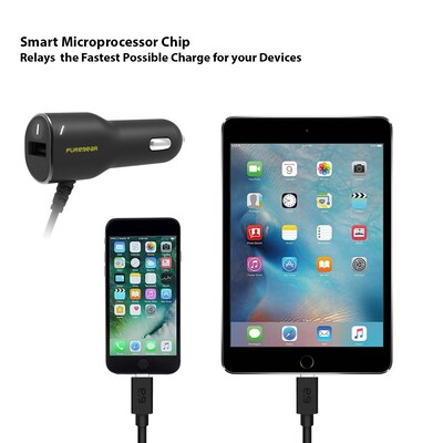 Puregear 3.4A Car Charger for Apple Lightning Devices – Includes Additional USB Port for Simultaneous Device Charging, Black