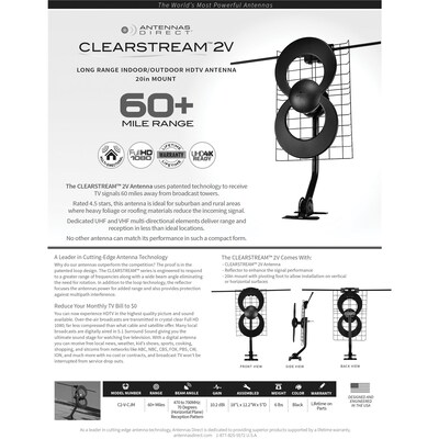 Antennas Direct ClearStream 2V UHF/VHF Indoor/Outdoor DTV Antenna with 20" Mount (C2-V-CJM)