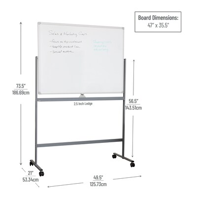 Mind Reader Mobile Double-Sided Dry-Erase Whiteboard, Aluminum Frame, 47" x 36" (ROLLBOARD-WHT)