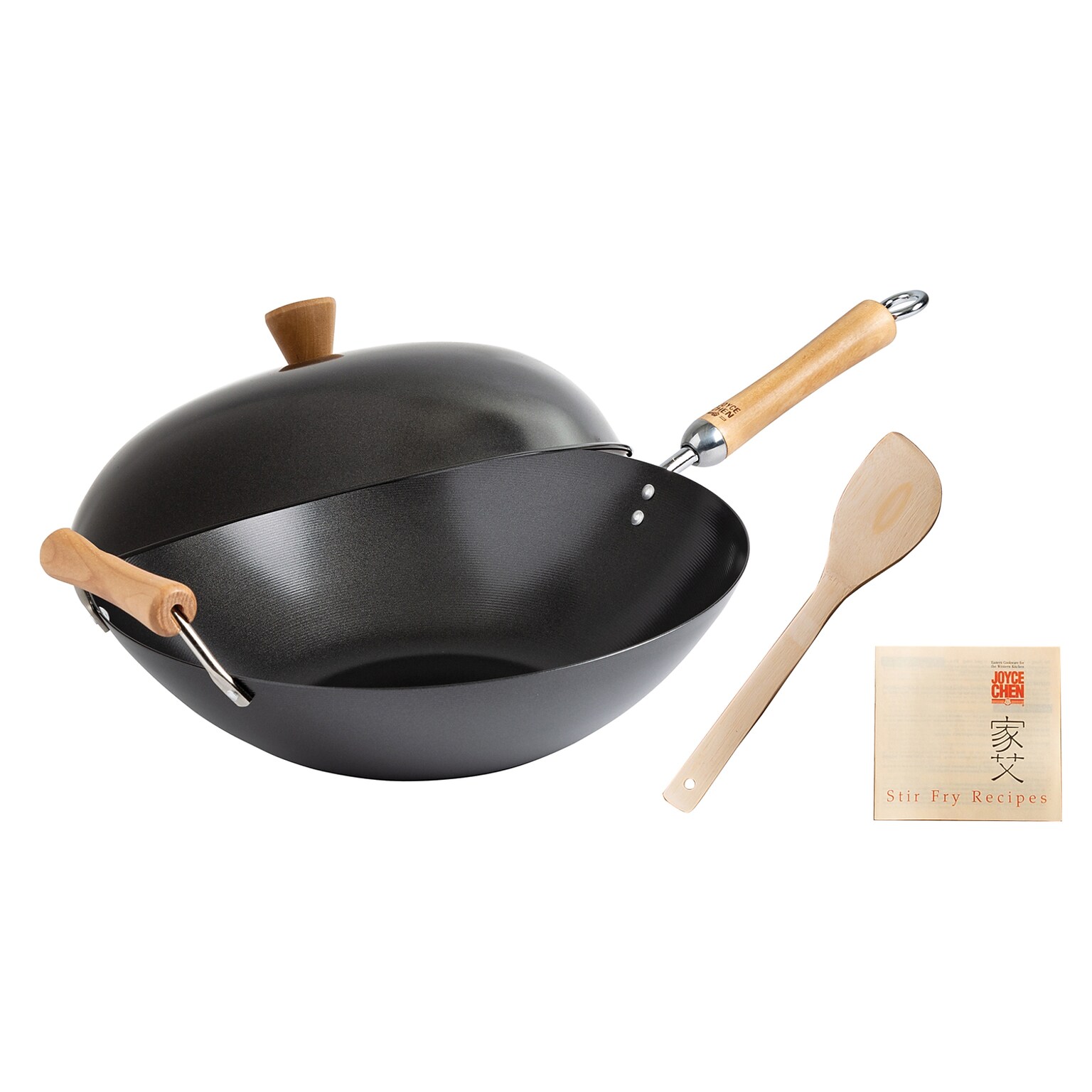 Joyce Chen Classic Series 14-Inch Carbon Steel Nonstick Wok Set with Lid & Birch Handles, 4 Pieces, Black (J21-9971)