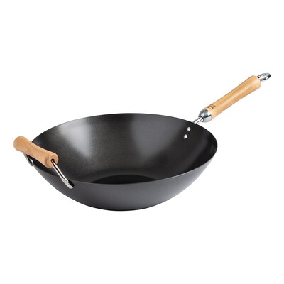 Joyce Chen Classic Series 14-Inch Carbon Steel Nonstick Wok Set with Lid & Birch Handles, 4 Pieces, Black (J21-9971)