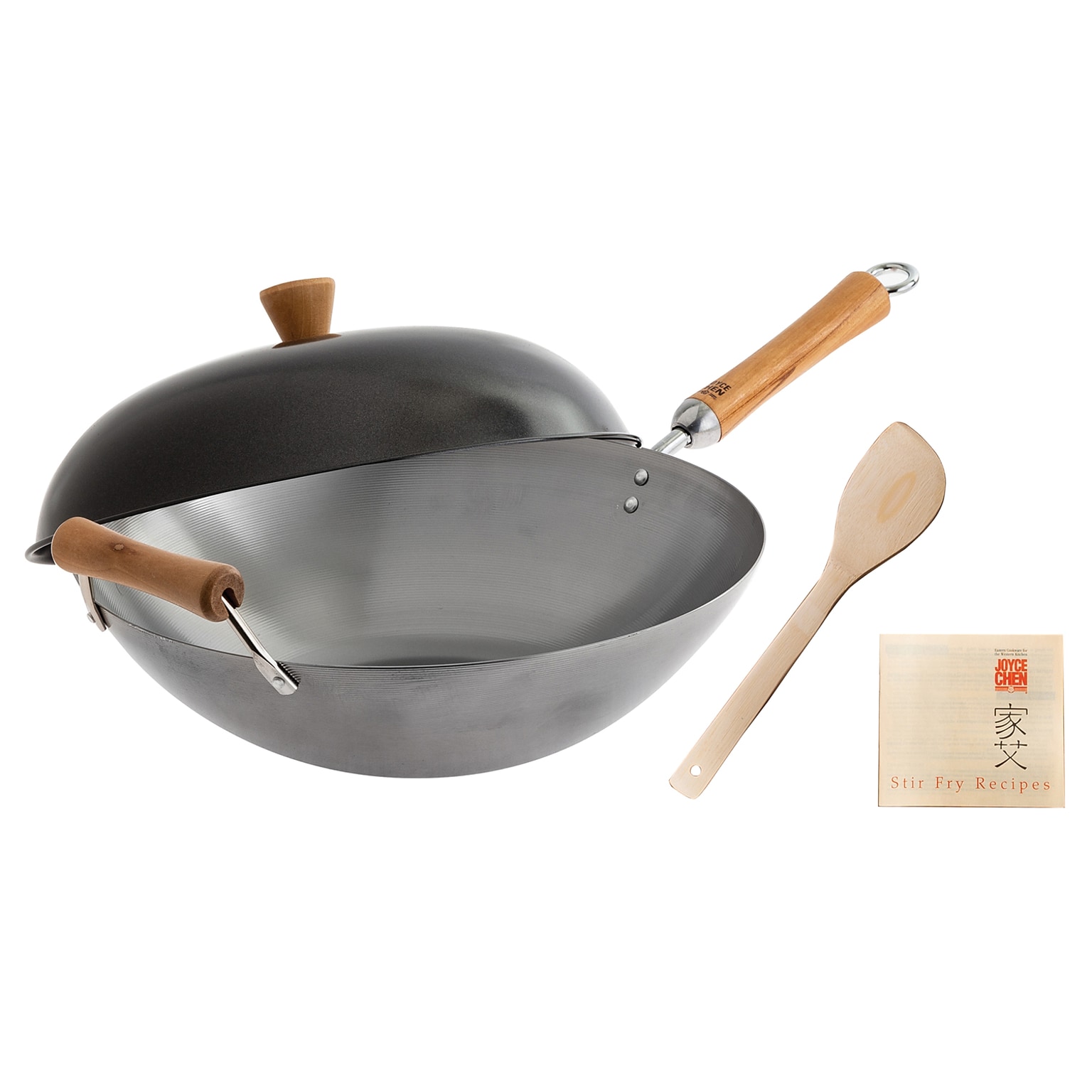 Joyce Chen Classic Series 14-Inch Uncoated Carbon Steel Wok Set with Lid & Birch Handles, 4-Pieces, Silver (J21-9972)