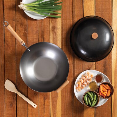 Joyce Chen Classic Series 14-Inch Uncoated Carbon Steel Wok Set with Lid & Birch Handles, 4-Pieces, Silver (J21-9972)