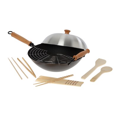 Joyce Chen Professional Series 14-Inch Carbon Steel Nonstick Wok Set with Lid & Maple Handles, 10-Pieces, Black (J22-9938)