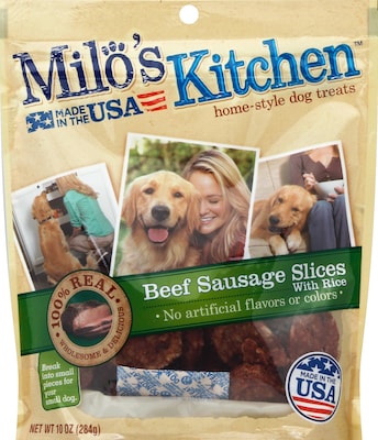 Milos Kitchen Beef Sausage Slices with Rice Dog Treats, 10 oz., 5/Carton (SMU52775CS)