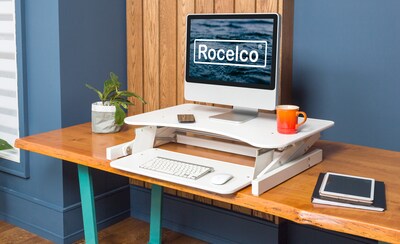 Rocelco 32"W 5"-17"H Adjustable Standing Desk Converter with Anti Fatigue Mat, White (R ADRW-MAFM)