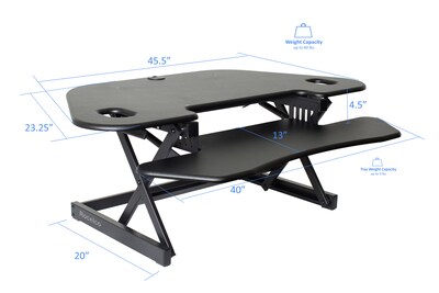 Rocelco 46"W 5"-18"H Adjustable Corner Standing Desk Converter with Dual Monitor Mount, Black (R CADRB-46-DM2)