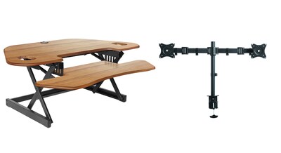 Rocelco 46W 5-18H Adjustable Corner Standing Desk Converter with Dual Monitor Mount, Teak (R CADR