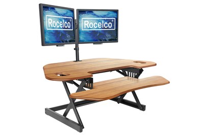 Rocelco 46"W 5"-18"H Adjustable Corner Standing Desk Converter with Dual Monitor Mount, Teak Wood Grain (R CADRT-46-DM2)