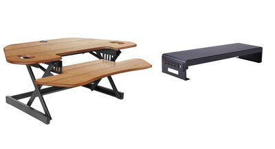 Rocelco 46W 5-18H Adjustable Corner Standing Desk Converter with ACUSB Dual Monitor Stand, Teak Wood Grain (R CADRT-46-DMS)