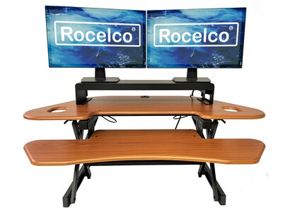Rocelco 46"W 5"-18"H Adjustable Corner Standing Desk Converter with ACUSB Dual Monitor Stand, Teak Wood Grain (R CADRT-46-DMS)
