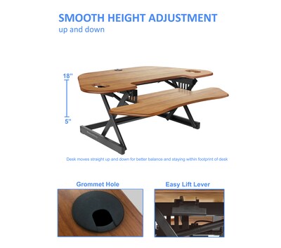 Rocelco 46W 5-18H Adjustable Corner Standing Desk Converter with Dual Monitor Mount, Teak Wood Gr