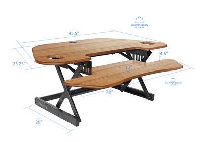 Rocelco 46"W 5"-18"H Adjustable Corner Standing Desk Converter with Dual Monitor Mount, Teak Wood Grain (R CADRT-46-DM2)