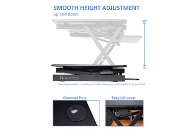 Rocelco 40"W 34"-49"H Full Standing Desk with Converter and Floor Stand, Retractable Keyboard Riser, Black (R DADRB-40-FS2)