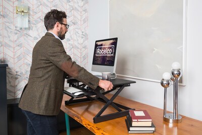 Rocelco 40"W 5"-20"H Adjustable Standing Desk Converter with Anti Fatigue Mat, Black (R DADRB-40-MAFM)