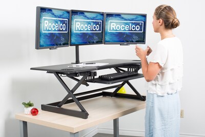 Rocelco 46W 5-20H Large Adjustable Standing Desk Converter with Triple Monitor Mount, Black (R DA