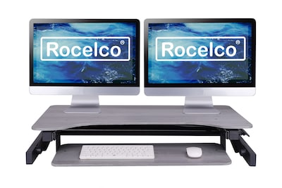 Rocelco 37.5"W 5"-17"H Adjustable Standing Desk Converter with Dual Monitor Arm & Anti Fatigue Mat, Gray (R DADRG-DM2-MAF)