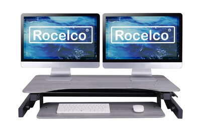 Rocelco 37.5"W 5"-17"H Adjustable Standing Desk Converter with Dual Monitor Arm & Anti Fatigue Mat, Gray (R DADRG-DM2-MAF)