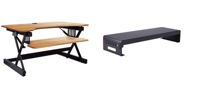 Rocelco 40W 5-20H Adjustable Standing Desk Converter with ACUSB Dual Monitor Stand, Teak (R DADRT-40-DMS)