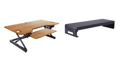 Rocelco 46W 5-20H Adjustable Standing Desk Converter with ACUSB Charger Dual Monitor Stand, Teak (R DADRT-46-DMS)