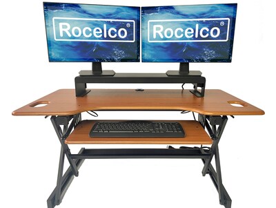 Rocelco 46W 5-20H Adjustable Standing Desk Converter with ACUSB Charger Dual Monitor Stand, Teak