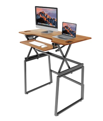 Rocelco 46"W 34"-49"H Large Full Standing Desk with Converter and Floor Stand, Teak (R DADRT-46-FS2)