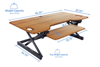 Rocelco 46"W 5"-20"H Adjustable Standing Desk Converter with Triple Monitor Mount, Teak (R DADRT-46-DM3)