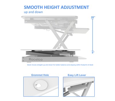 Rocelco 40W 5-20H Adjustable Standing Desk Converter, White (R DADRW-40)