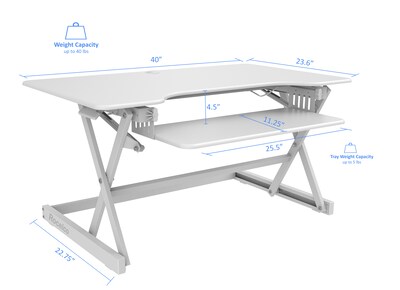 Rocelco 40"W 5"-20"H Adjustable Standing Desk Converter, White (R DADRW-40)