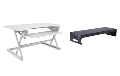 Rocelco 40W 5-20H Adjustable Standing Desk Converter with ACUSB Dual Monitor Stand, White (R DADRW-40-DMS)