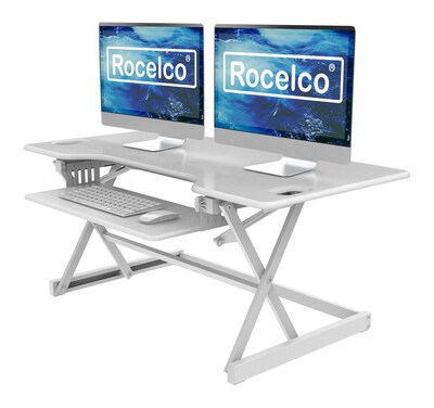 Rocelco 46"W 5"-20"H Large Standing Desk Converter, Stand Up Triple Monitor Riser, White (R DADRW-46)