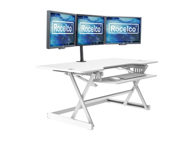 Rocelco 46"W 5"-20"H Large Adjustable Standing Desk Converter with Triple Monitor Mount, White (R DADRW-46-DM3)