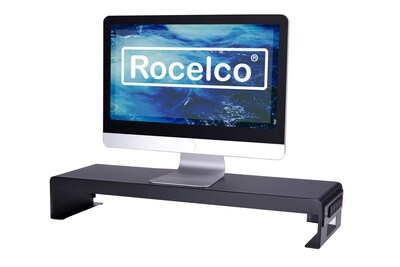 Rocelco 46"W 5"-20"H Adjustable Standing Desk Converter with ACUSB Charger and Dual Monitor Stand, Black (R DADRB-46-ACUSB-DMS)