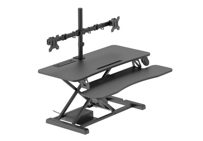 Rocelco 37.4"W 5"-20"H Electric Standing Desk Converter with ACUSB Charger Dual Monitor Mount, Black (R EDRB-DM2)