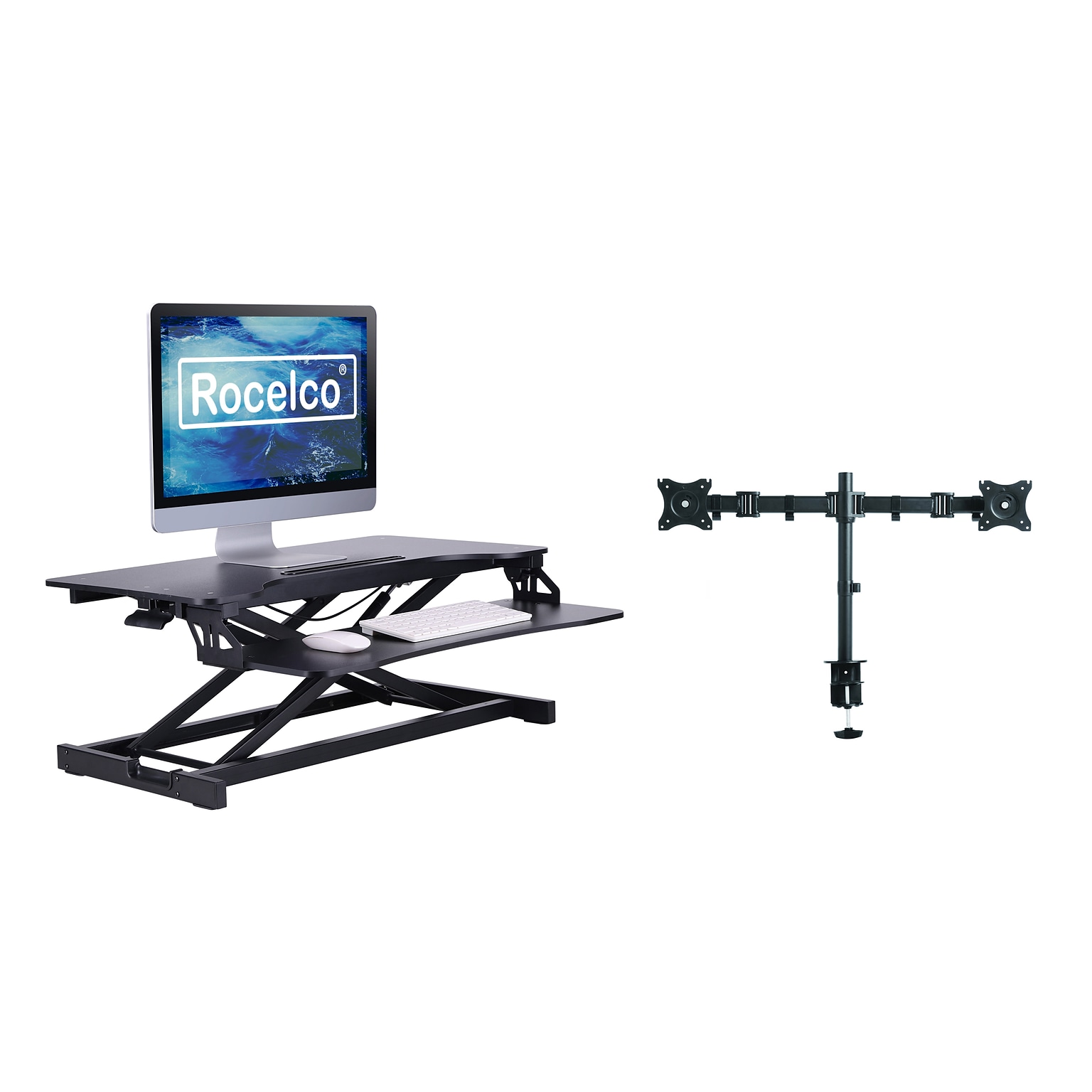 Rocelco 32W Adjustable Standing Desk Converter with Dual Monitor Mount, Black (R VADRB-DM2)
