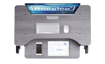 Rocelco 37.5"W 5"-17"H Adjustable Standing Desk Converter with Dual Monitor Arm & Anti Fatigue Mat, Gray (R DADRG-DM2-MAF)