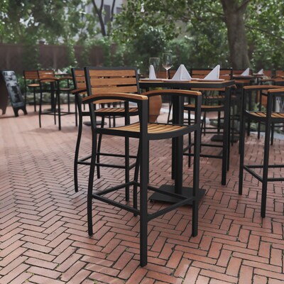 Flash Furniture Lark All-Weather Outdoor Bar Stool with Arms, Teak (XUDGHW6036BA)