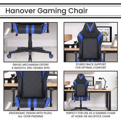 Hanover Commando Ergonomic Gaming Chair with Adjustable GAS Lift Seating Lumbar and Neck Support Black/Blue