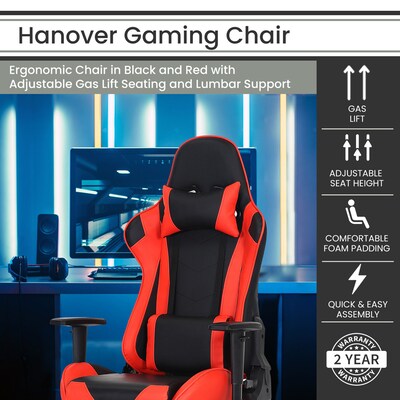 Hanover Commando Ergonomic Adjustable Gas Lift Seating Gaming Chair, Black/Red (HGC0116)