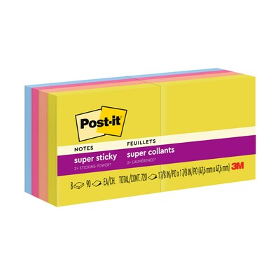 Post-it Super Sticky Notes, 1 7/8 in x 1 7/8 in, 8 Pads, 90 Sheets