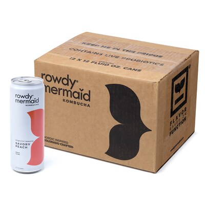 Rowdy Mermaid Organic Savory Peach Kombucha, 12 Oz, 12/Box (307-00390)